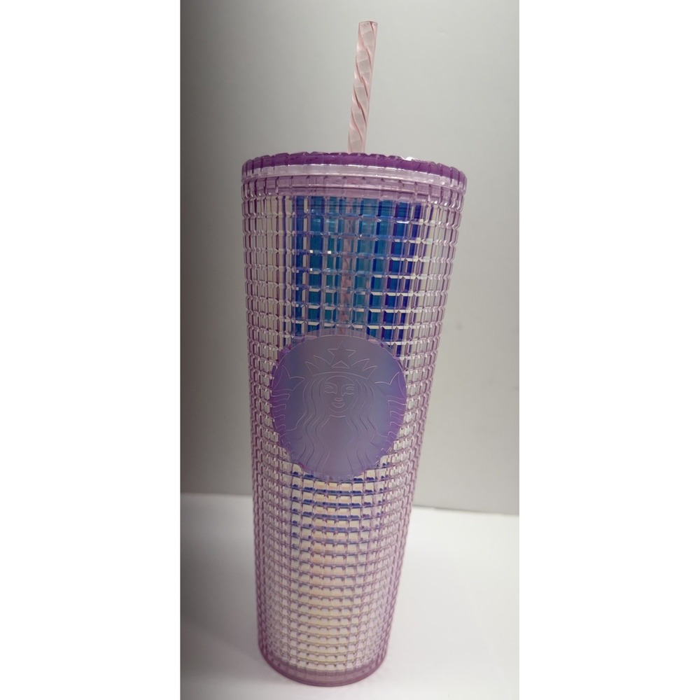 Starbucks Iridescent Pink Blue Grid 2021 Tumbler Cold Cup 24oz Venti W/ Straw